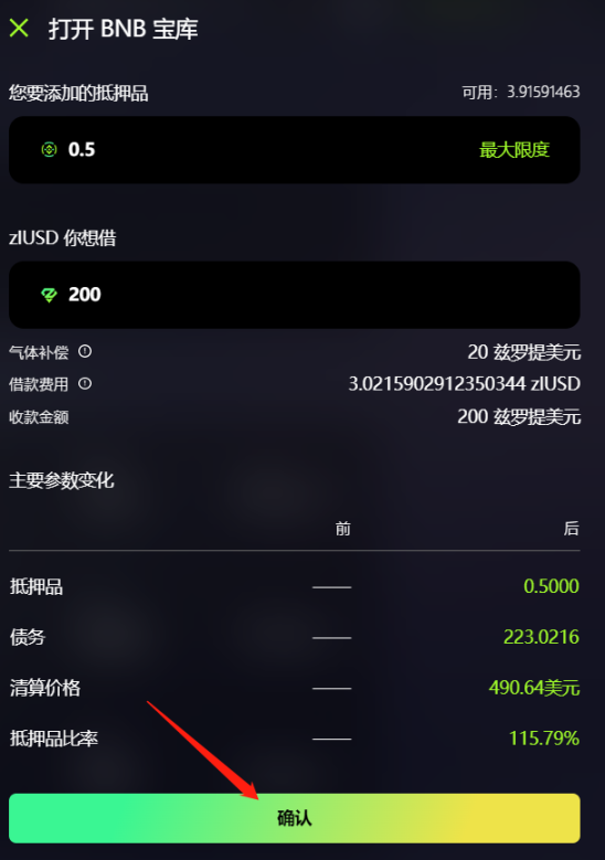 这里抵押了0.5BNB,借了200USD