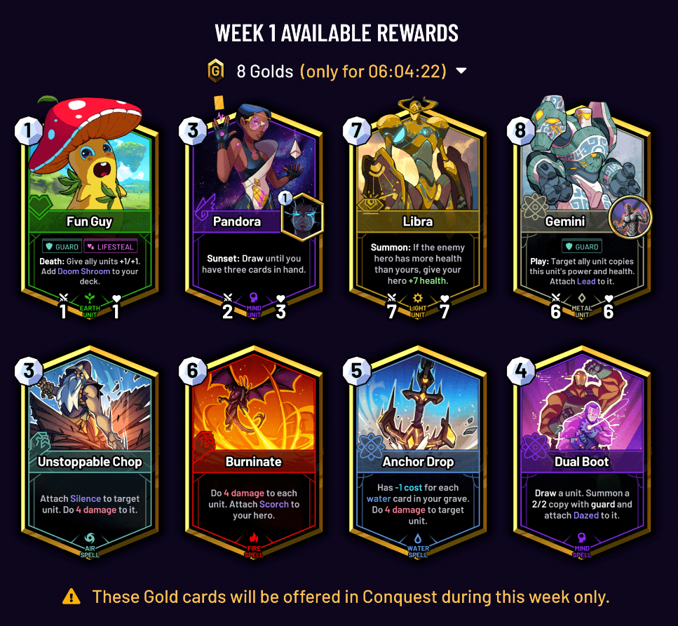 每周可以获得 8 种金卡，本周结束永久绝版