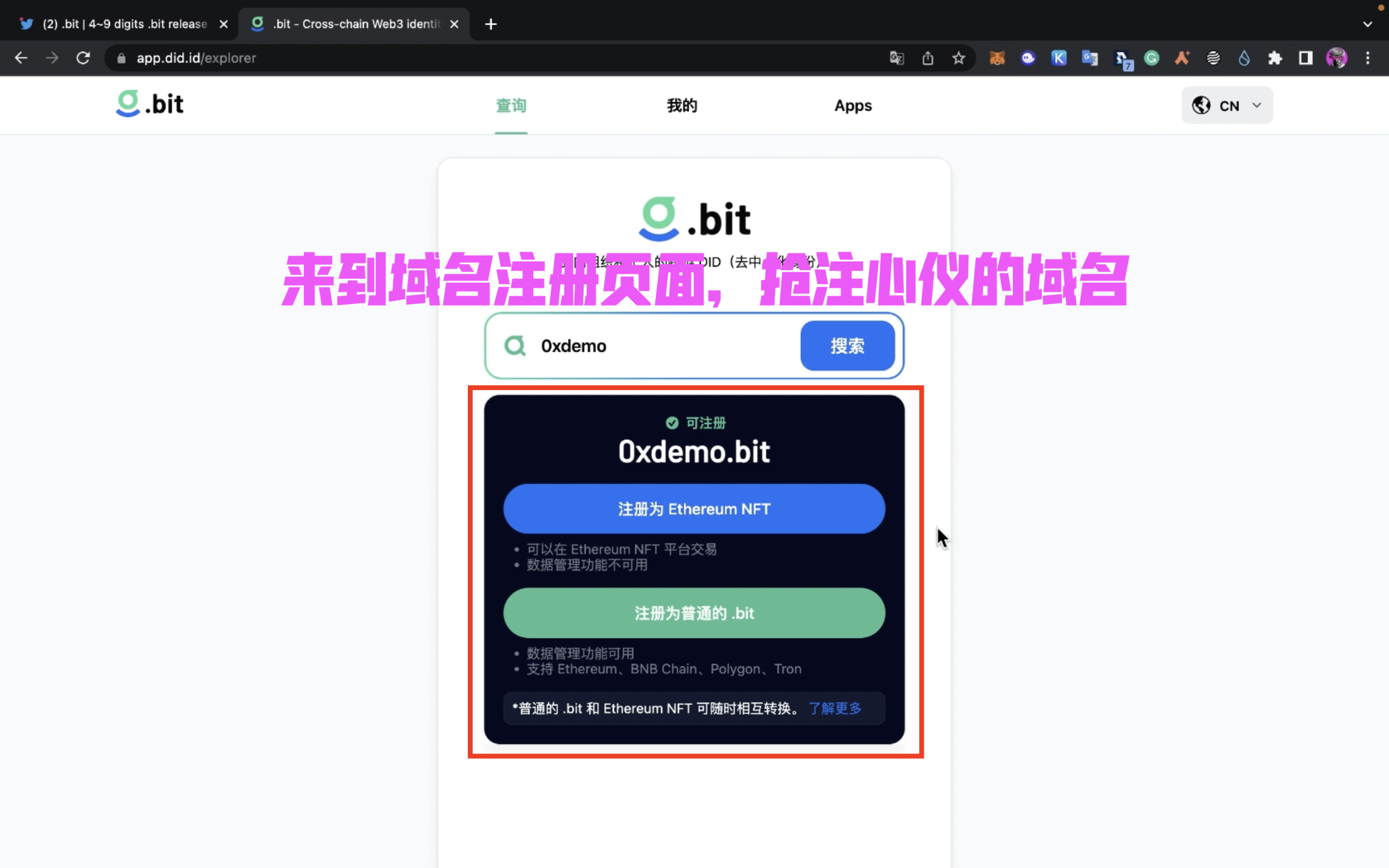 图中红框位置有两个选项，初次注册可选“注册为普通.bit” 方便体验便捷的数据容器功能。之后如果想“转手”域名的话，也是可以后续再转化成 Ethereum NFT 的并在 NFT 市场挂单出售的。