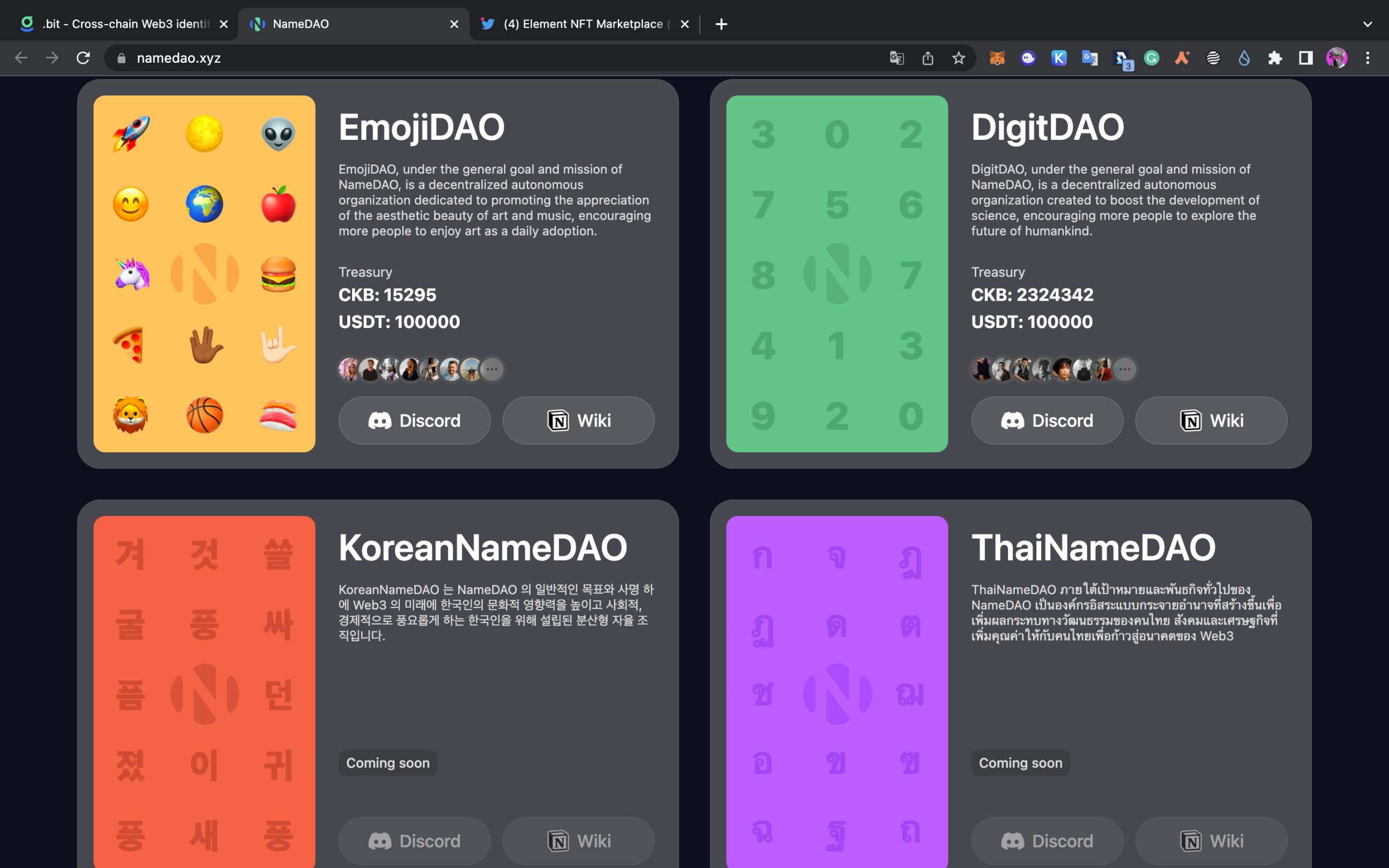 目前除了 EmojiDAO 还有纯数字 DAO 和几个小语种 DAO（个人认为 DigitDAO 比较有搞头）