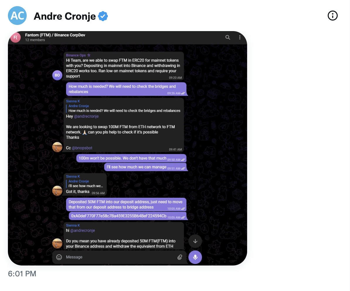 Fantom 基金会向币安转移5000 万枚FTM，Andre Cronje 澄清资金是跨链到以太坊而不是抛售- Foresight News
