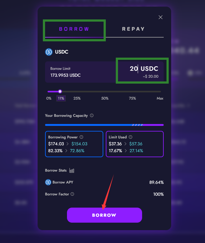 输入少量 usdc，点击借出按钮，钱包签名确认