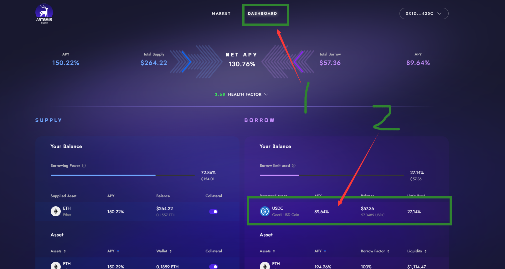 选择 DASHBOARD 模块，点击 usdc 归还一部分 usdc