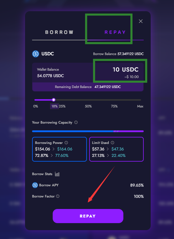 选择规划模块，输入少量 usdc 数量，点击归还按钮，钱包签名确认