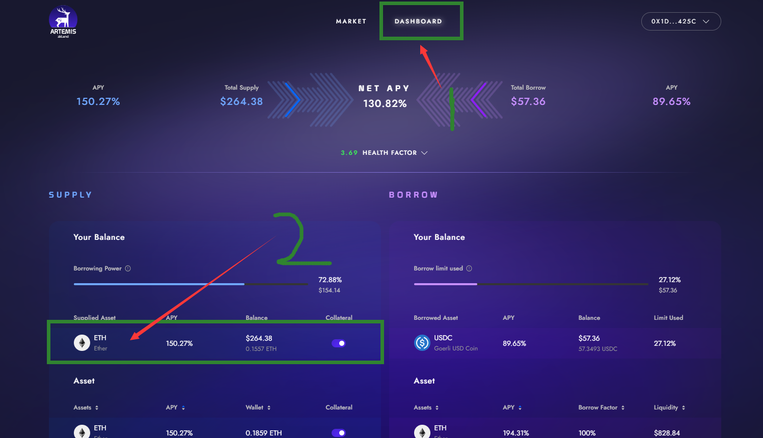 继续选择 DASHBOARD 模块，选择左边的 ETH，取出部分前面供应的 eth