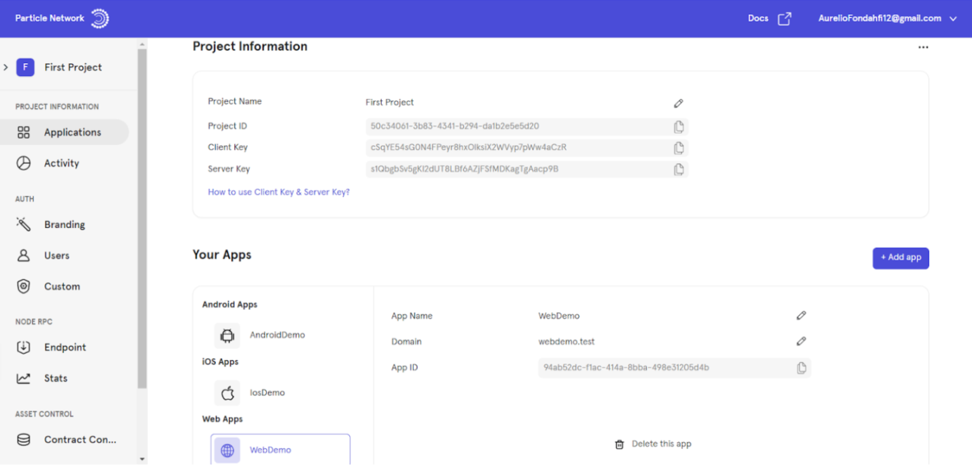    图：2B SaaS Dashboard https://dashboard.particle.network/#/project/all（包括分项目管理，自定义 UI，用户数追踪等模块）