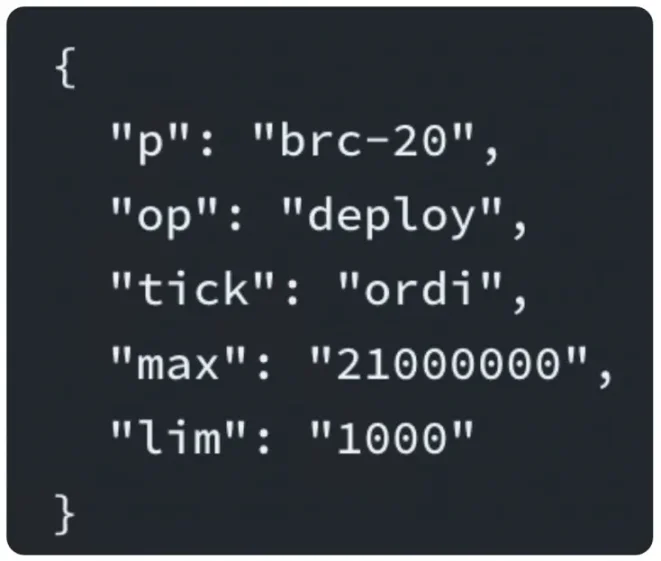 Figure 3. BRC-20 ordi deployment code (source: twitter, @domodata)