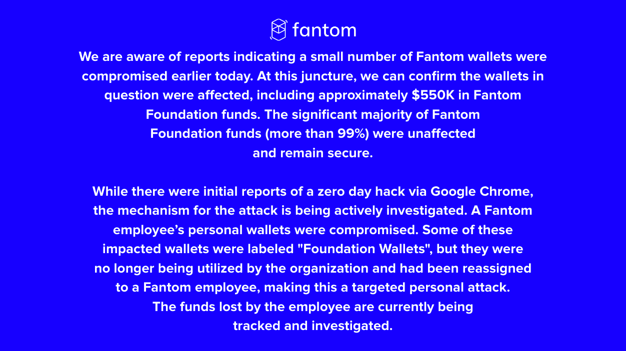 Fantom 基金会：约55 万美元资金受影响，疑似员工个人钱包遭针对性攻击- Foresight News