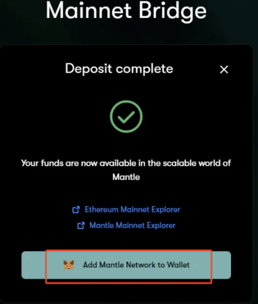 存入完成，点击添加 Mantle 网络到小狐狸钱包