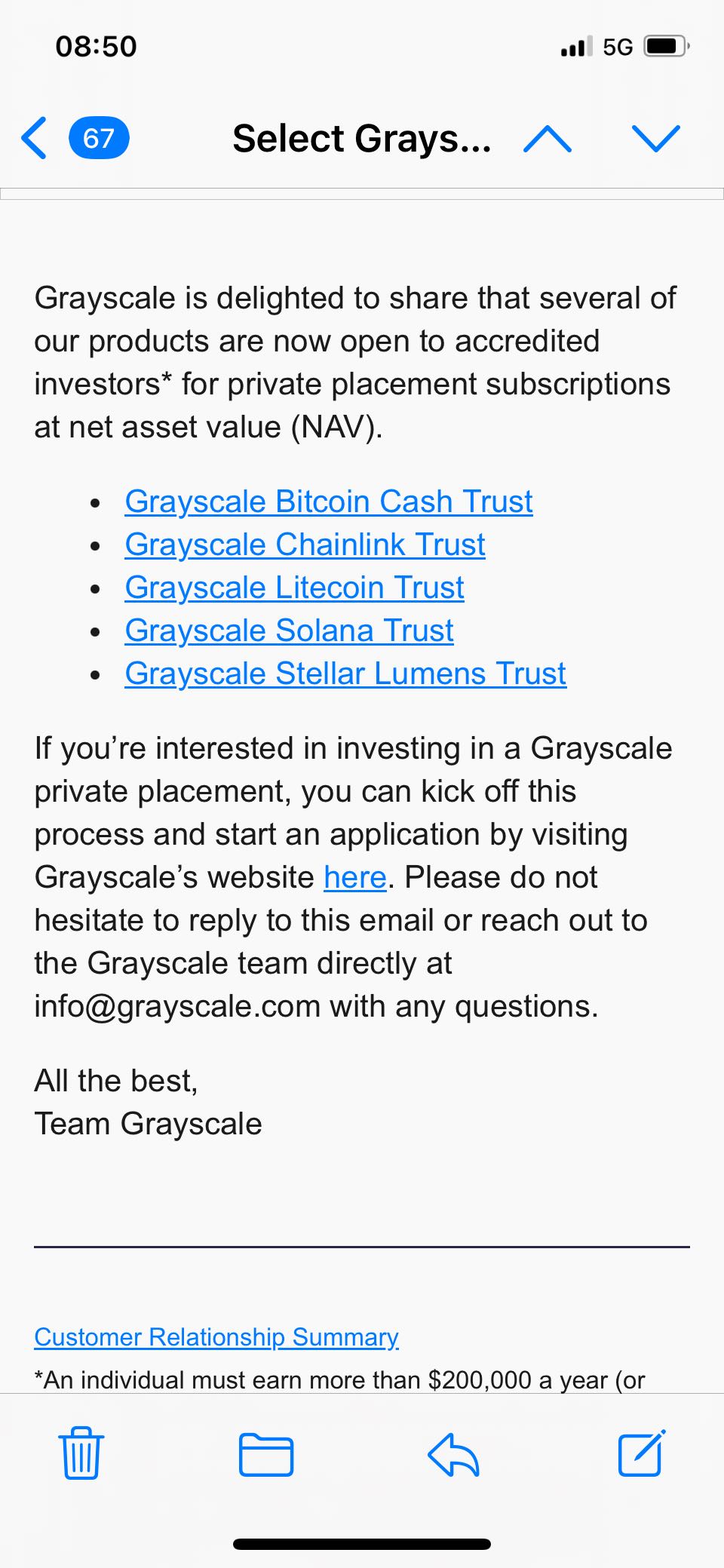 灰度已开放BCH、LINK、LTC、SOL、XLM 加密信托的私募配售认购- Foresight News