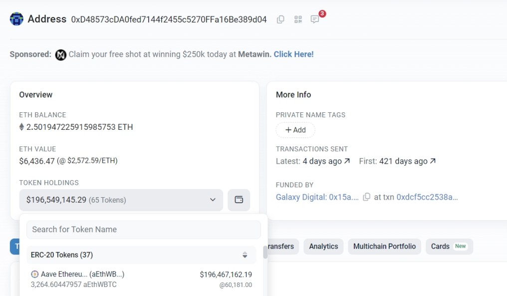 来源：https://etherscan.io/address/0xd48573cda0fed7144f2455c5270ffa16be389d04