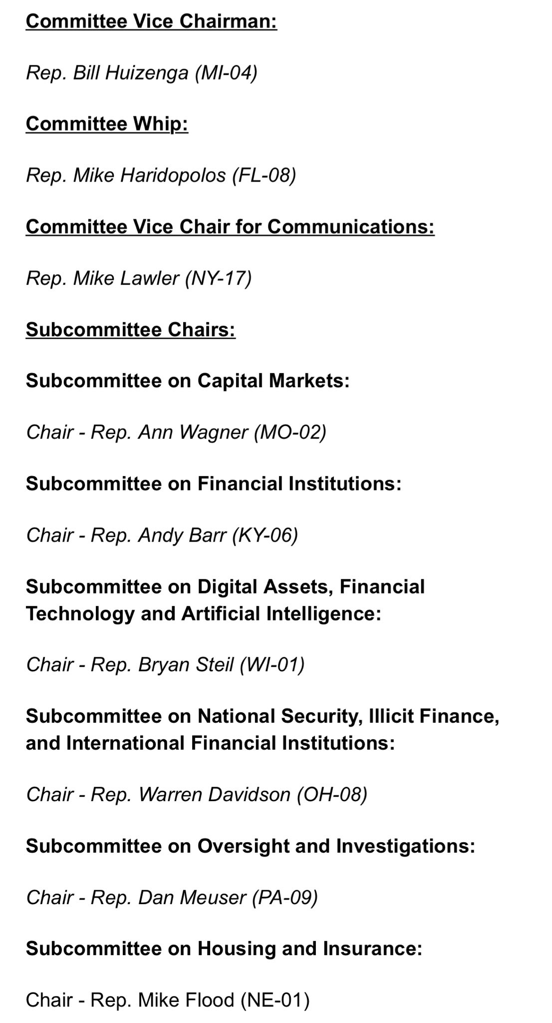 美众议院金融服务委员会公布新一届领导层，Bryan Steil 出任数字资产小组委员会主席