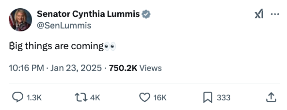 美参议员 Cynthia Lummis 暗示将有与比特币相关的「大事」发布