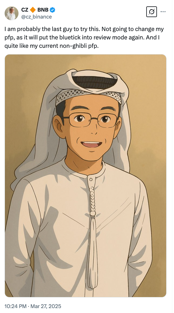 赵长鹏发布 Ghibli 风格图片，称不会改变其当前 pfp