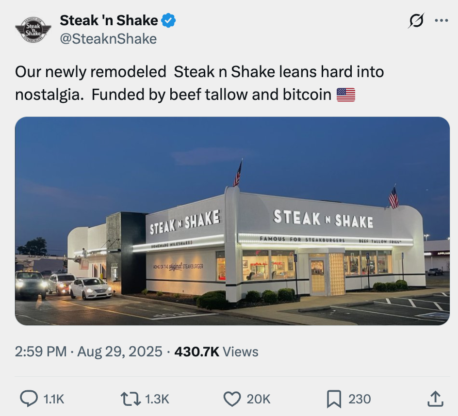 美国快餐品牌 Steak'n Shake：新店装修资金来源于「牛油和比特币」