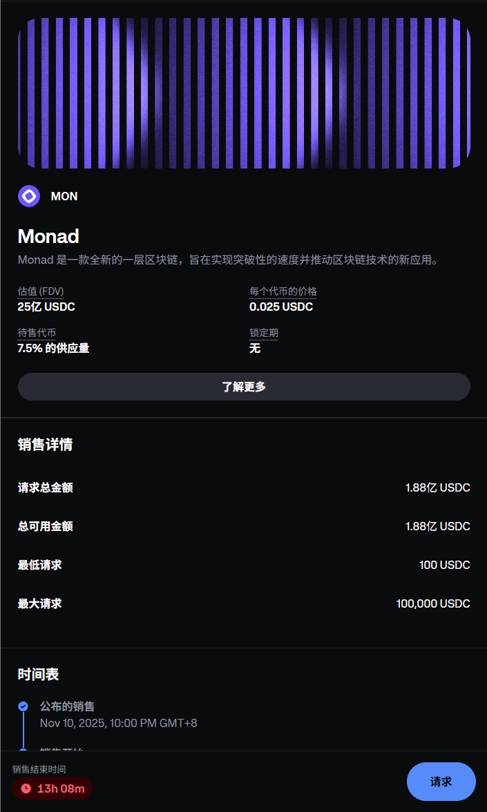 Monad 在 Coinbase 公售达到 1.88 亿美元申购目标，公售将于 11 月 23 日 10:00 结束