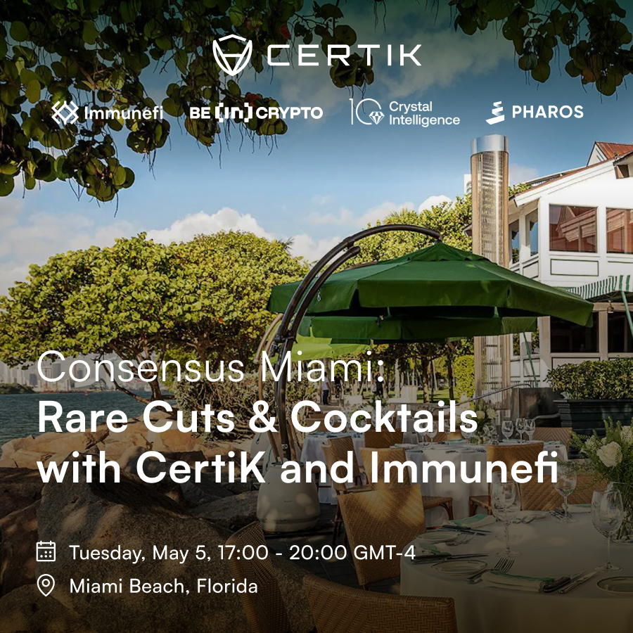 Consensus Miami: Rare Cuts & Cocktails with CertiK, Immunefi, Crystal Intelligence, BeInCrypto, and Pharos