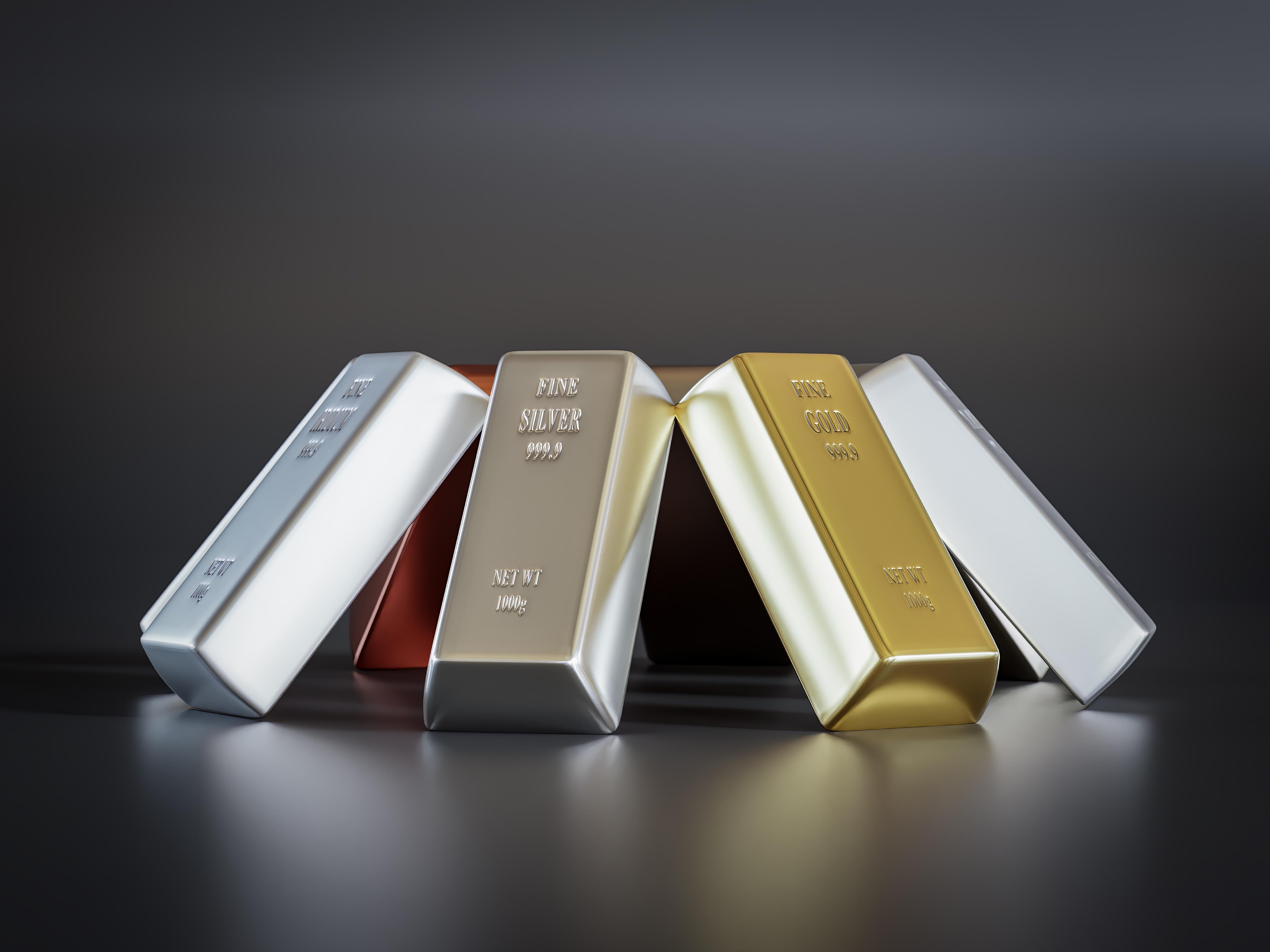 Eight common precoius Bullion Bars arranged into prism