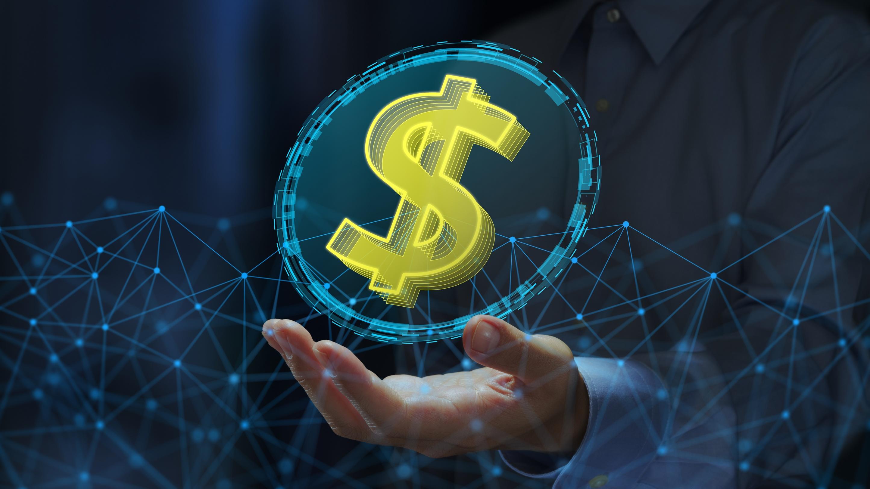 USD stablecoin or digital dollar. Cryptocurrency tokens on blockchain networks.